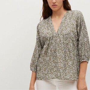 MNG Mango floral tunic v-neck 3/4 sleeve flowy blouse top size xs